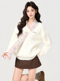 White Design Around The Neck Splicing Stuping Head Sweater 2026 Autumn And Winter New V Collar Thicker Can Wear Coat