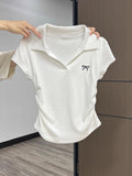 Pure Cotton Polo Collar Short-Sleeved T-Shirt Women's Summer Dress Large-Size Bottom T-Shirt Fat Mm Thin High-End Wrinkled Short Blouse