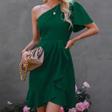 Dress 2025 Spring Solid Color Unilateral Sleeves And Shoulder Side Solid Color High-Waisted Oblique Shoulder Mid-Slope Shoulder Skirt