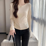 Dark Gray Long-Sleeved Mask T-Shirt Women's Autumn And Winter New Bottom Wrinkle Waist Solid Color Collar Age Reduction Top