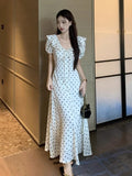 French Wave Point Bubble Sleeve Dress Women's Summer Seaside Vacation Gentle Wind Waist Temperament Unique Beautiful Dress