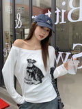 Lazy White Puppy Prints Oblique Shoulder Long-Sleeved T-Shirt Girl 2026 Early Autumn Side-To-Shoulder Relaxation Top