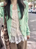 Mint Green Roll-Up Knitted Cardigan Sweater Coat Woman New Spring And Autumn Soft Glutinous Early Autumn Outside The Top