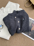 Gentle Retro Kitten Embroidered Round Collar Knitted Cardigan Girl Warm White Klein Blue Sweater Jacket Autumn