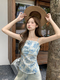 2026 Summer Ootd Design Feels Beautiful Blue Flowers Sexy Smear Sling Sling Vest Female Bare Back Repair Small Top