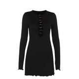 2025 Winter New Personality Trend Design Sense Metal Ring Splicing Bra Wood Ear Long-Sleeved Dress