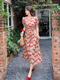 French Red V-Neck Bubble-Sleeved Dress Women's Summer 2026 New Waist Thin A-Character Temperament Dress
