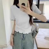 Apricot Round-Neck Wooden Ear Short-Sleeved T-Shirt Women's Summer Short Design Sense Niche European T-Shirt