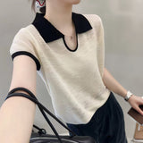 Cicpic Clip Collared Small Thin Knitted Shirt Summer New Temperament Thin Shoulder Short Sleeve Coat Head Woman