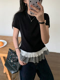 Black Lotus Leaf Side Splicing Short-Sleeved T-Shirt Women's Spring And Summer Chic Design Folded Through The Round Collar Temperament Bottom Shirt