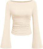 Hottie Solid Color Boat Collar Horn Sleeve T-Shirt Girl 2025 Autumn Dress Folds Thin Tops Long Sleeve