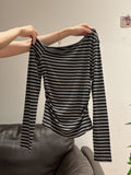Pure Lusty Oblique Shoulder Sexy Side-Shoulder Blue Long-Sleeved T-Shirt Girl Early Autumn New White Folds To The Bottom Of The Blouse