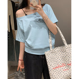 One-Word Collar Shoulder Design Loose Solid Color Short-Sleeved T-Shirt 2026 Summer New Slanted Shoulder Lazy Top