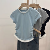 Right Shoulder Thin Fake Two Bumpy Round Neck Straight T-Shirt Girls Summer Irregular Folds To Sweet Spicy Small Blouse