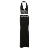 2025 Women's New Summer Fashion Sexy Hanging Neck Hanging Umbilly Sling Vest High-Waisted Lace Skirt Set