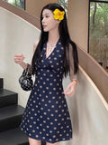 French Temperament Blue V Neck Hanging Dress Skirt Women Summer New Seaside Holiday Style Wear