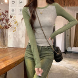 2026 Autumn New Threaded Knitted T-Shirt Women's Design Sense Splicing Short-Sleeved Bottom Shirt Tide