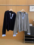 Relaxing Feeling Fashionable And Fashionable Color Fake Two Spliced Striped Knitted Shirt Girls Autumn Winter Design Loose V Collar Top
