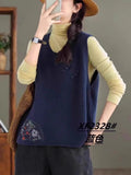 Vintage Art Buckle Embroidered Knitted Vest For Women's Extra-In-2025 Spring New Round-Neck Cotton Sweater Vest