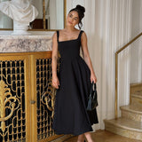 2025 Spring Summer New Women's Temperament Pure Color Collar Sleeveless Belt Sling Dress Women