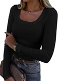 2025 Thread Pit Strips Long Long-Sleeved Square Collar T-Shirt Elegant Short Sleeves