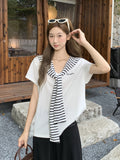 Navy Collar Design With Striped Shawl Short-Sleeved T-Shirt For Women 2026 Summer Giant Look Good Wearing Loose Thin Top