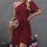 Dress 2025 Spring Solid Color Unilateral Sleeves And Shoulder Side Solid Color High-Waisted Oblique Shoulder Mid-Slope Shoulder Skirt