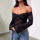 Women's Clothing 2025 Summer New Fashion Sexy Hottie Collar Long-Sleeved Lace Top Girl