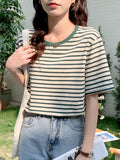 Striped T-Shirt Women's Short-Sleeved Summer 2025 New Cotton Top Loose Thin Circle Neck-Triped Style