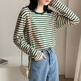 Striped Bottom Shirt Women In The Spring And Autumn Collar Loose Thin Long-Sleeved T-Shirt Casual Outside To Put On Clothes