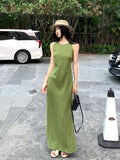 Vintage Green Vest Dress 2026 Summer New Waist Thin Temperament High Sense A Word Long Dress Girl Ins