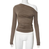 2025 Slanted Shoulder Asymmetrical Solid Umbilical Umbilical Top Long Sleeve Splicing Design