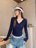 Fake Two Pocket Button Hooded Long-Sleeved T-Shirt Women 2026 Early Autumn New Drawstring Design White Top
