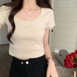 Solid Color Short-Sleeved T-Shirt Women 2025 Summer New Hong Kong Wind Chic Design Round Collar Short Elastic Sympath