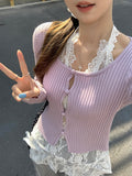 Korean Purple Low-Circle Collar Hollow Button Long-Sleeved Knitted Cardigan Women's Spring New Body To Put On The Bottom Of The Top