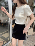 Round Neck Wave Point Short-Sleeved Knitted T-Shirt Girl New Summer Shoulder High-End Small Incense Half-Sleeved Top 2025 Explosion