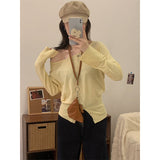 French Out-Of-Shoulder Button Open-Sleeved Knitted Shirt Girl Autumn Word On The Shoulder To Play The Bottom Of The Beautiful Short Top