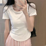 Positive Shoulder Short Sleeve T-Shirt Girls Summer Slime Under The Irregular Curves Under The Short Skinny Fish Bone Cotton Top