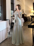 French Green Open-Shouldered Net Yarn Dress Women's Summer 2026 New Temperament Is Beautiful Pocketed And Hip Dress