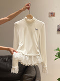 Small Collar Pure White Lace Hem Grinding Hair Plus Velvet Autumn And Winter Long-Sleeved T-Shirt Inside The Top Of The Woman