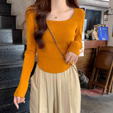 Apricot Front Shoulder Curved Under The Long-Sleeved T-Shirt Girl Early Autumn Collar Slimming Irregular Bottom Shirt