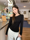 2026 Early Autumn New Beautiful Design Slant Shoulder Folding Waist Unique Long-Sleeved T-Shirt Girl Body Exposed Shoulder Coat