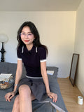 Flower Ash Polo Collar Fake Two-Piece Design Knitted Short-Sleeved Woman Summer Pure Want Small Man To Repair The Bottom Of The Top