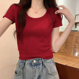 Wine Red White Thin Short Top Woman 2026 Summer New Cotton Shoulder Cover Meat Short Sleeve Bottom T-Shirt