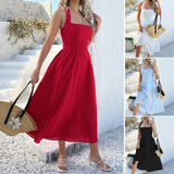 Dili 2025 Spring And Summer Leisure Resort Wind Solid Color High-Waistless Sleeveless Hanging Neck Dress Women's Dress