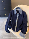 Denim Shirt Collar Splicing Fake Two Sweater Women's Autumn And Winter 2025 New Korean Chic High-End Knitted Coat