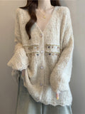 Lazy Wind Gray V-Neck Sleeve Sweater Coat Woman 2025 Autumn/Winter Large-Size Fatmm Knitted Sweater Soft-Gried Top