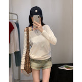 White Word Shoulder Collared Sexy Oblique Shoulder Dress 2026 Early Autumn Loose Lazy Temperament Long-Sleeved T-Shirt