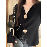 Spice Girls Black V-Neck Button Open Fork Design Long-Sleeved T-Shirt Women Autumn Pure Desire To Tie Irregular Beauty Top
