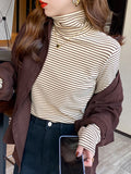 De-Hing Pile Collar Striped Bottoming Shirt Women's Long Sleeve 2025 Autumn And Winter 2025 New Set-Up Warm Top T-Shirt
